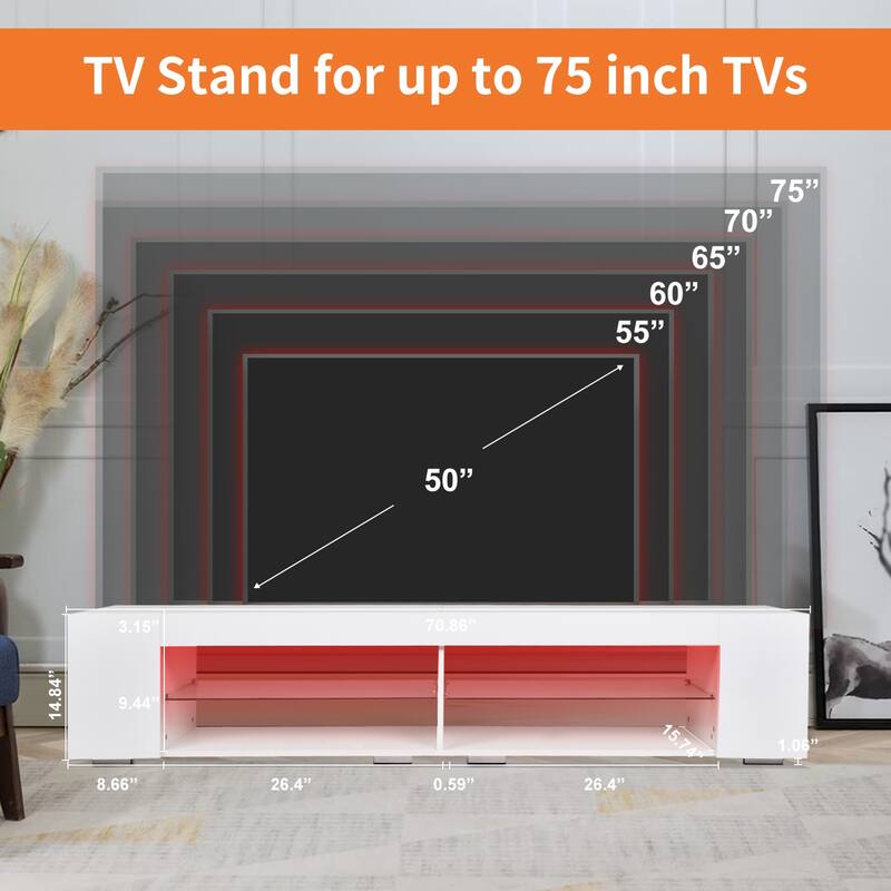 High Gloss TV Stand with LED Lights for TV Up to 75", Media